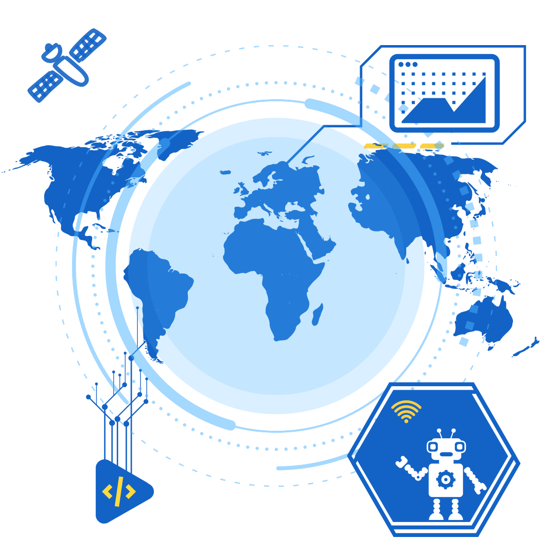 symbol of gears, bulbs, screens, codelines, devices, clouds depicting empowering innovation next-gen technology