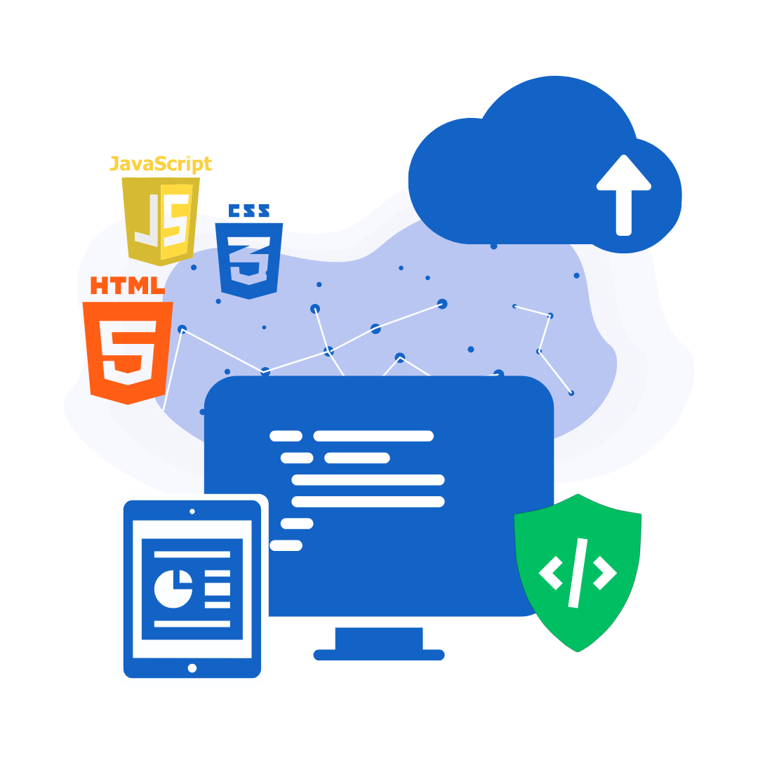 illustration showing desktop, mobile cloud, nodes working with HTML5, CSS3 and Javascript