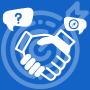 blue color illustration with shakehand and chat bubble icons